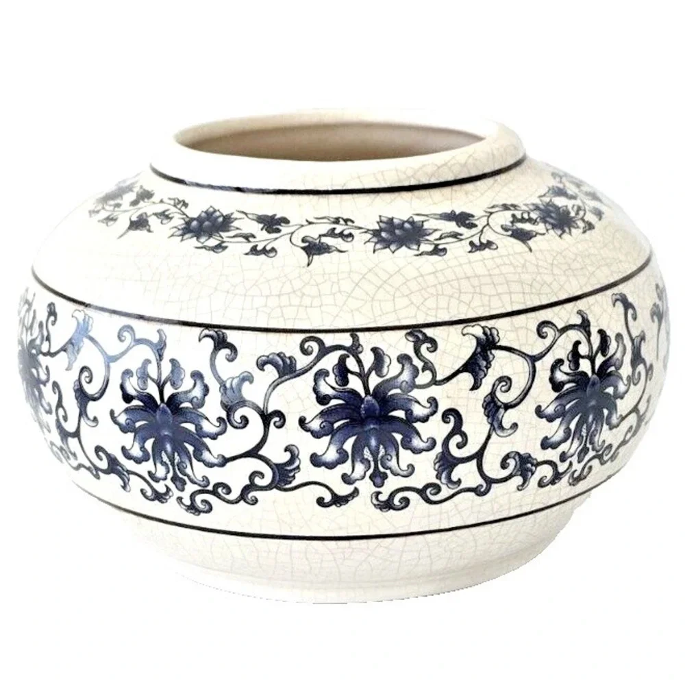 Vintage Blue White Porcelain Vase Crackle Glaze‎ Floral Asian Decor 6